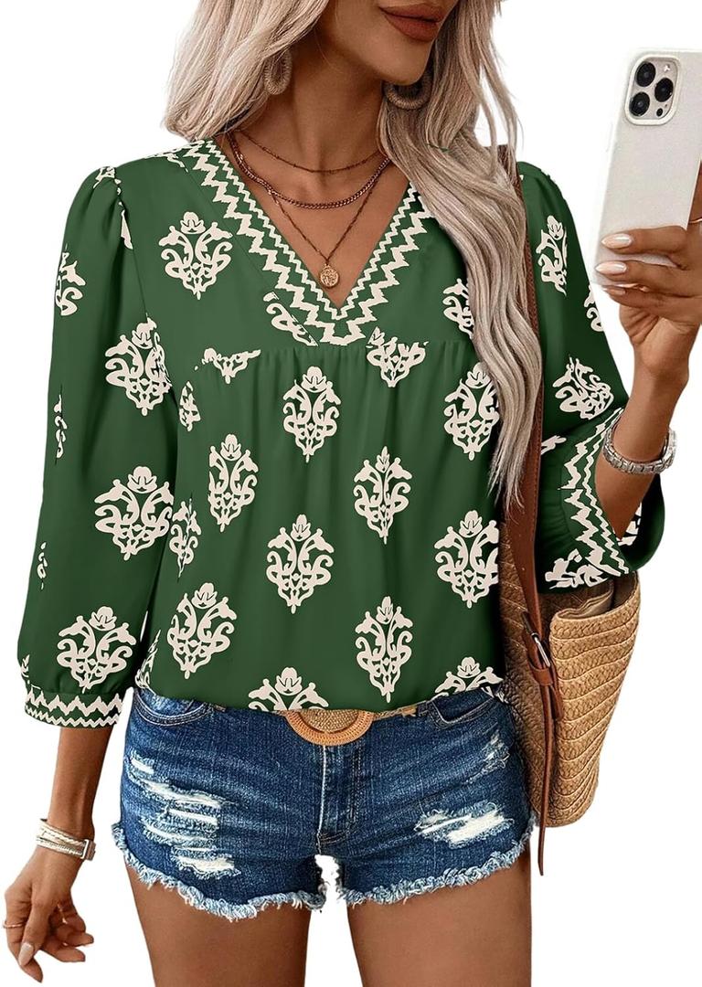 SHEWIN Women's Casual V Neck Floral Print Chiffon Blouses 3/4 Sleeve Boho Summer Tops Shirts (Medium, Dark Green) SHEWIN Women's Casual V Neck Floral Print Chiffon Blouses 3/4 Sleeve Boho Summer Tops Shirts (Medium, Dark Green)