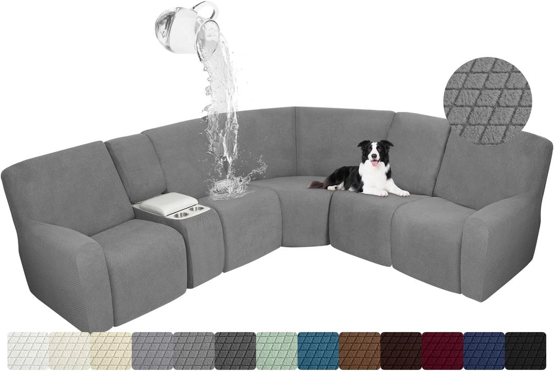 ALIECOM Waterproof Reclining Sectional Couch Covers for Reclining Sectional Stretch L Shaped Recliner Sofa Cover Washable Pet Dog Corner Sofa Slipcovers Protector (5 Seat and 1 Console, Middle Grey)