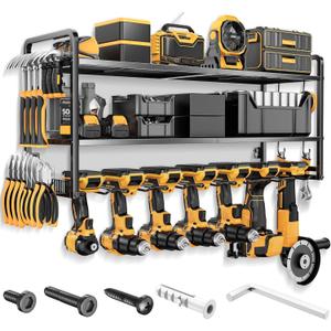 LBT Power Tool Organizer Wall Mount - 3 Layer Heavy Duty Tool Storage Rack with 7 Cordless Drill Holders, Loads 160Lbs Utility Rack for Garage, Workshop, Shed - Cool Gifts for Men, Dad, Husband