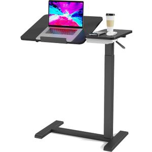 Adjustable Overbed Table with Hidden Wheels Adjustable Height and Angle Dual Pneumatic Mobile Split Tilt Top Bedside Table,Portable Side Table with Drawer for Home and Hospital Use (Black)