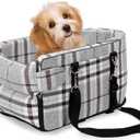 Dog Center Console Seat for Small Dogs & Puppies - Anti-Collapse Pet Car Seat With Soft Cushion, Safety Belt - Portable Armrest for Dogs & Cats Under 15 lbs (Grid-Grey)