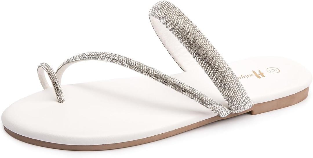 Women's Rhinestone Slide Sandals Slip On Flat Sandals Flip Flop Thong Sandals (White)