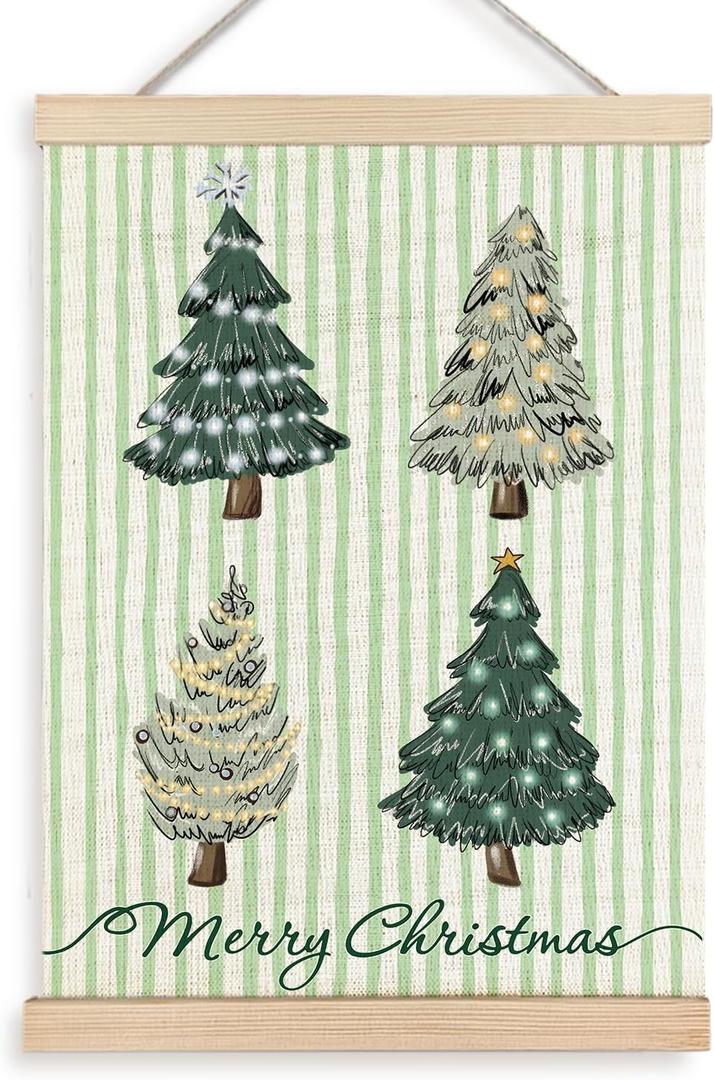 KEUSPI Preppy Green Christmas Tree Wall Art Poster, Green Christmas Decor, Festive Merry Xmas Striped Canvas Prints Wall Decor for Home Bedroom Living Room, 12x16 Inch