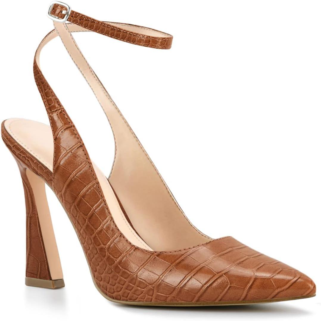 Womens Closed Toe Ankle Strap Heels Pointed Toe Pumps Shoes Slingback High Heel Wedding Dress Shoes (7.5, Caramel)