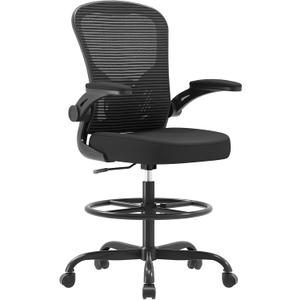 Ergonomic Drafting Chair, Tall Office Chair with Flip-up Armrests, Breathable Mesh High Desk Chair with Lumbar Support Adjustable Footrest Ring for Standing Desk Black