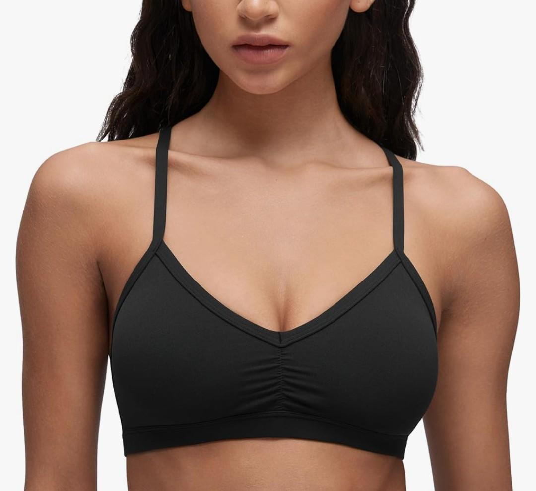 CRZ YOGA Butterluxe Ruched Sports Bras for Women - V Neck Spaghetti Thin Strap Y Back Wireless Padded Yoga Crop Top Size XL, Black 