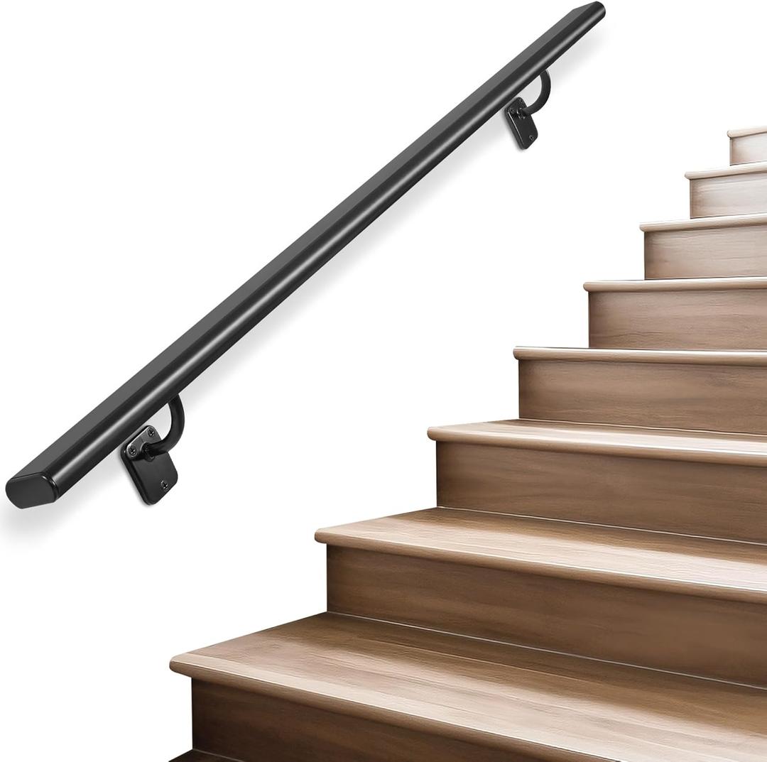 Industrial Stair Handrail Wall-Mounted Hand Rails for Indoor Stairs Black Pipe Stair Railing Indoor Metal Hand Rail for Indoor & Outdoor Steps Aluminum Staircase Handrail for Stairs 3ft