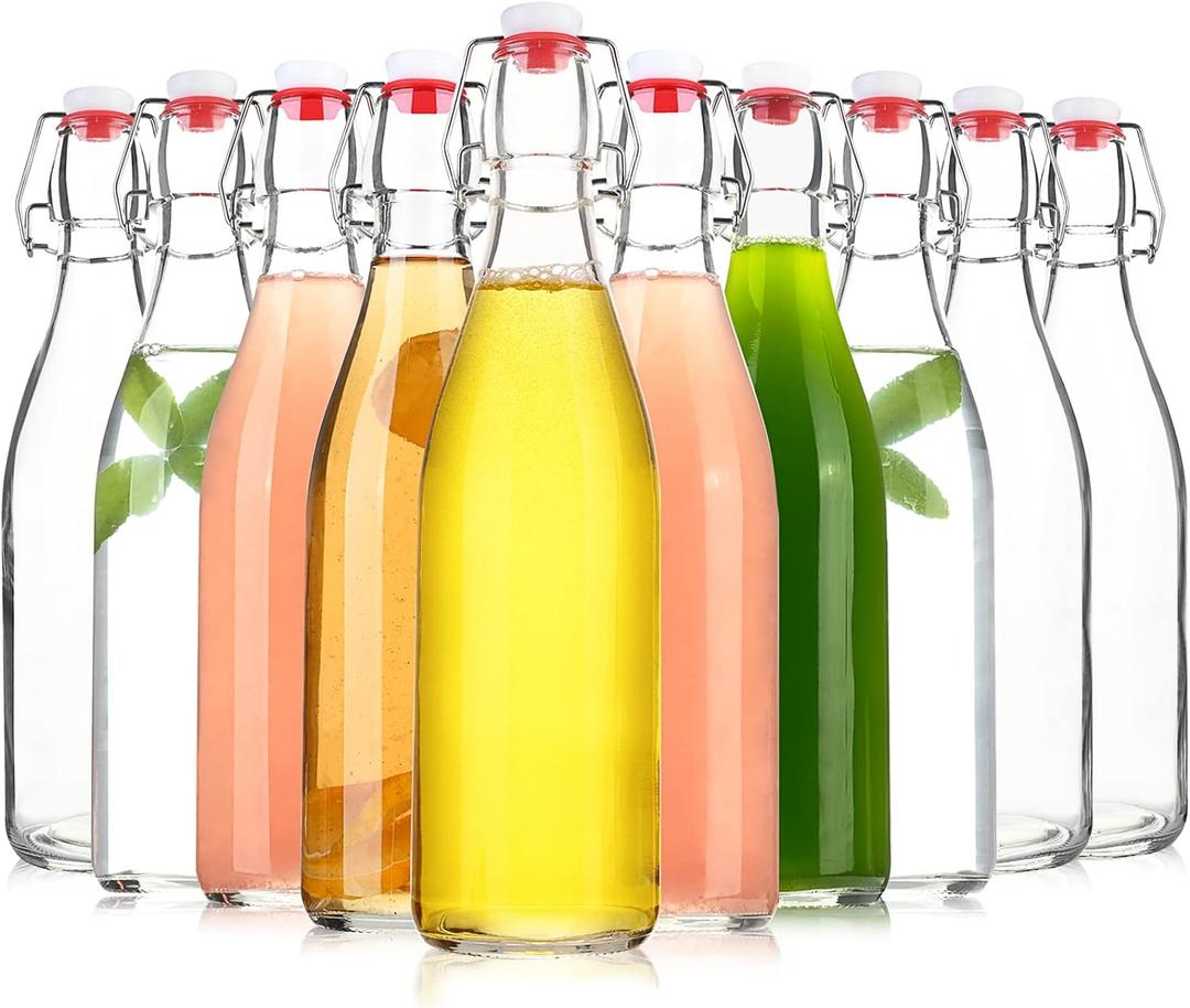 Clear Glass Bottle with Swinging Top for Airtight Lids, 16oz 10 Pack Beer Bottles with Flip Caps, Home Brewing and Fermentation Kombucha, Vanilla Extract, Beverage, Water, Kefir