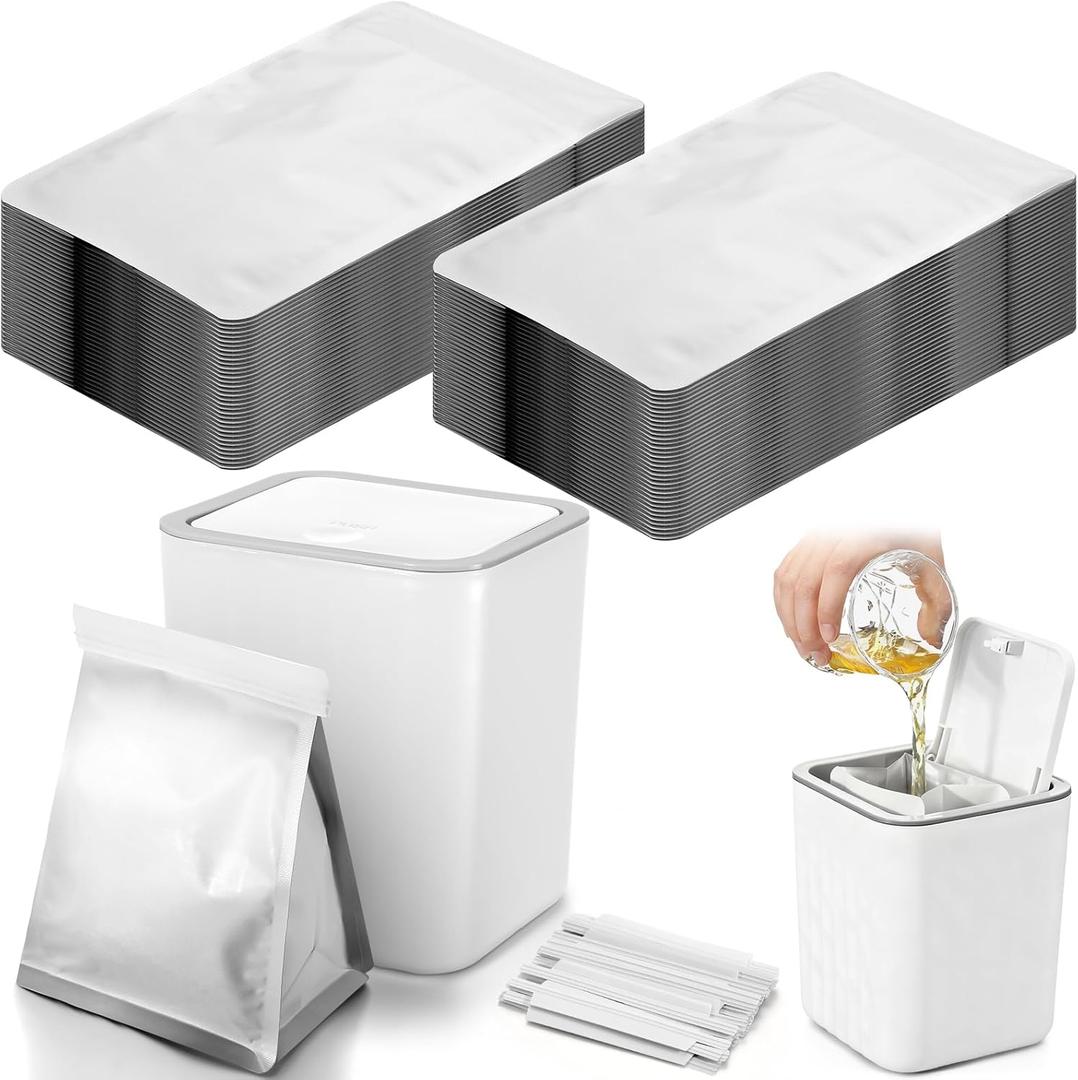 51 Set Grease Container for Kitchen with 50 Foil Liners Disposable Grease Bags and 1 White Storage Bin for Kitchen Bacon Cooking Oil Disposal to Stop Drains from Getting Clogged