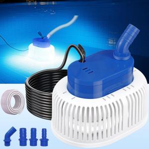Pool Cover Pump with Lights, Above Ground Sump Pump Submersible, Sump Pumps for Pool Draining, Water Removal Pumps with 16ft Drainage Hose & 25 ft Extra Long Power Cord,850 GPH,4 Adapters-Navy Blue