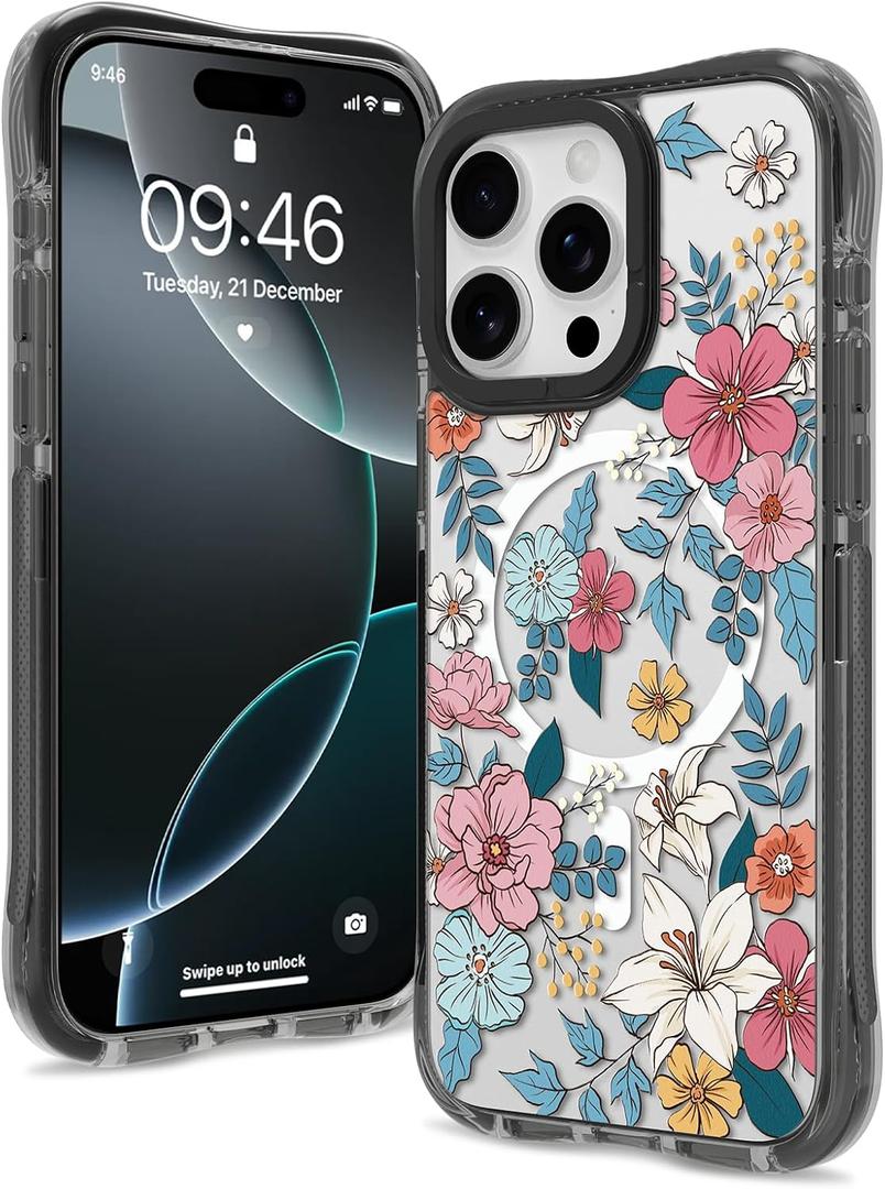 Magnetic for iPhone 16 Pro Max Case [Compatible with MagSafe] Aesthetic Floral Flower Pattern Design, Clear Slim Shockproof Protective Phone Cover for Women Girls