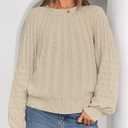 MEROKEETY Women's Fall Cable Knit Lantern Sleeve Chunky Pullover Sweater (Beige, L)