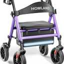 HOMLAND Foldable Walker for Seniors with Seat, 17lb Lightweight, Ergonomic | 350lb Capacity, 8" All-Terrain Wheels, Adjustable Height, Easy to Assemble, Ergonomic Seat, Light Aluminum Frame, Purple