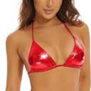 Halter Metallic Crop Top Shiny Triangle Bralette Rave Bra Swimsuit Top (Red, XL)