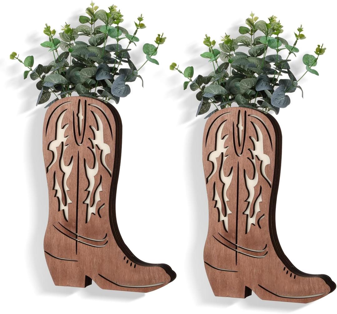 Havawish 2 Pcs Western Wall Decor Wood Cowboy Boots Wall Planter for Indoor Plants 12 x 8'' Western Boot Flower Hanging Vase for Flower Faux Rustic Home Decor for Bathroom Bedroom(Retro Style)
