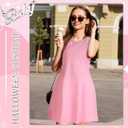 2 Pcs 90s Sweet Women Costume Pop Star Costume Boat Neck Pink Dress with Pendant Necklace for Halloween Cosplay (L)