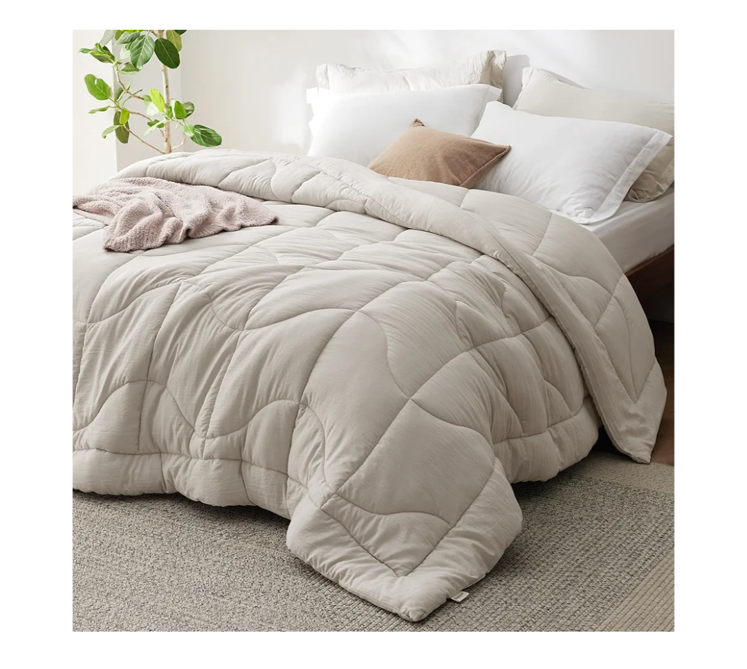 Bedsure Comforters Queen Size - Down Alternative Comforter for All Season, Ultra-Soft Prewashed Duvet with 4 Tabs, Lightweight & Warm Bedding - Machine Washable, Linen, Queen, 88x88 Inches