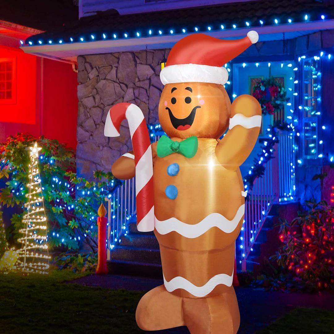 Christmas Inflatable Gingerbread Man Lighted Indoor & Outdoor Christmas Yard Blow-Up Decoration with Built-in Fan and Anchor Ropes (Xmas Gingerbread Man)