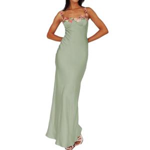 Sexy Satin Spaghetti Strap Floral Embroidered Maxi Dress for Women Sweetheart Neckline Backless Sleeveless Slit Midi Dress Sage L