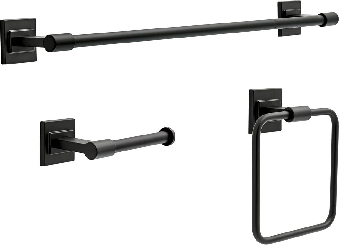 Delta Faucet McLaren 3-Piece Bathroom Set, Matte Black, 18"/24" Towel Rack, Toilet Paper Holder, Ring MCL63-MB