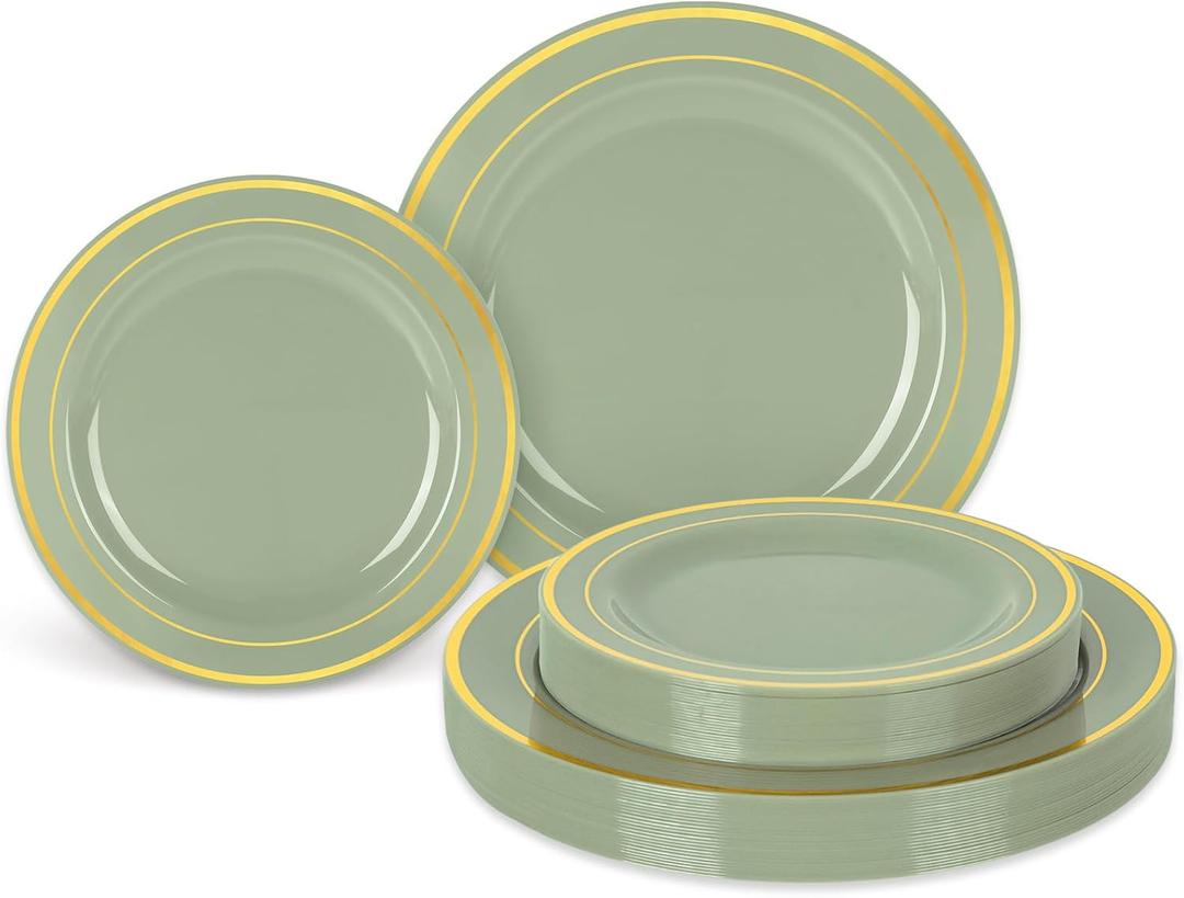 Whaline 50Pcs Sage Green Plastic Plates Gold Foil Bordered Disposable Plates Decorative Dinner Dessert Plate for Bridal Shower Wedding Party Supplies Table Decor