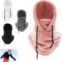 Sherpa Hood Ski Mask,Sherpa Winter Fleece Hood Ski Mask for Women Men,Drawstring Face Cover Hat Coldproof Warm Cap Scarf,Neck Windproof Hooded Scarf,Fleece Warm Ski Mask for Riding Skiing(Pink)