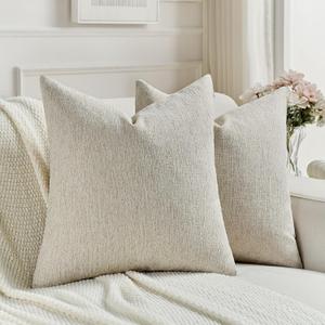 FUTEI Pack of 2 Chenille Decorative Throw Pillow Covers 20x20 Inch,Soft Cozy Faux Linen Textured Cushion Case,Farmhouse Home Decor for Couch Living Room,Natural Linen