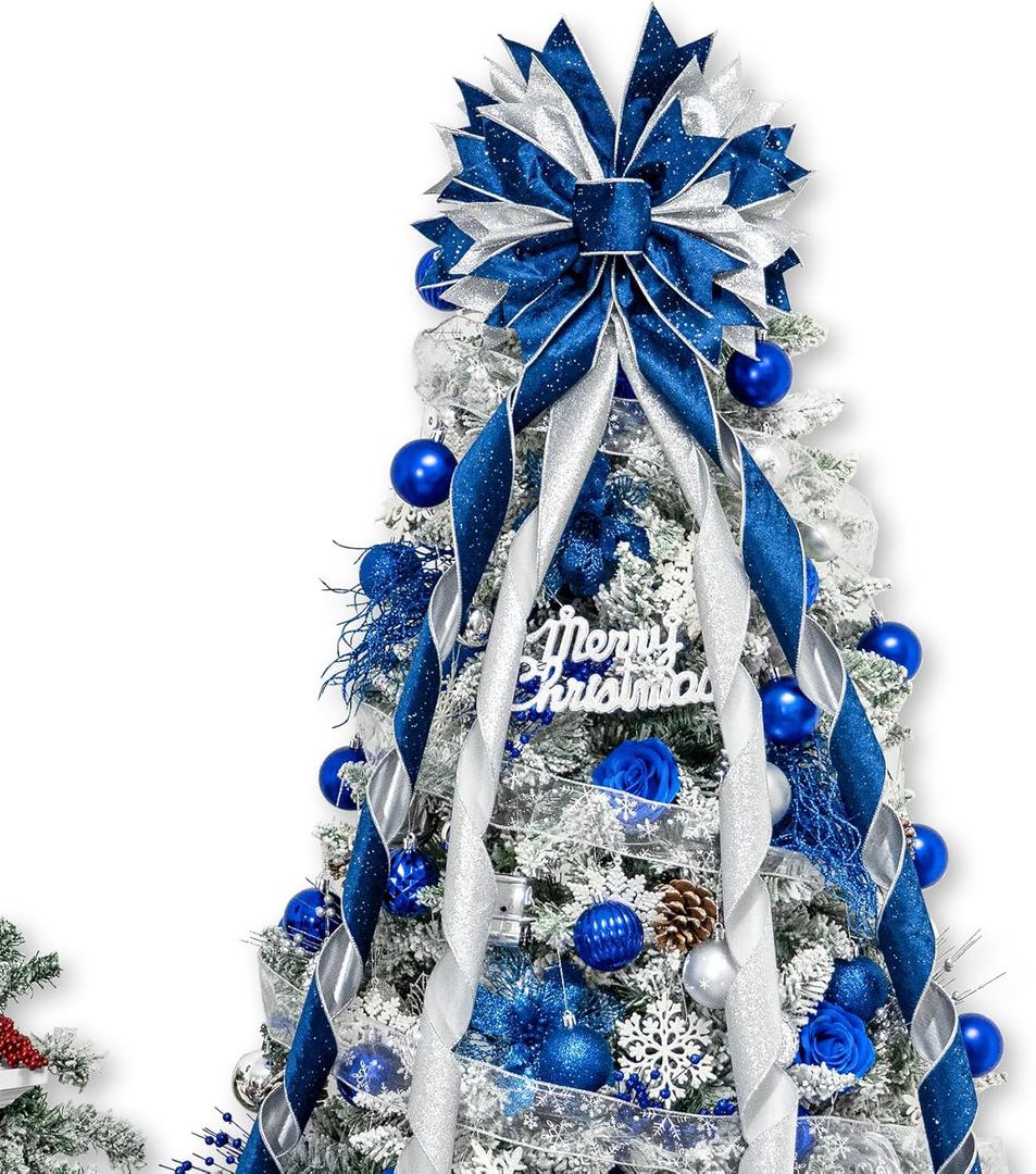 Hismir Christmas Tree Topper Bow, 53x13 Inches Large Christmas Bow with Glitter Streamer, Decorative Ribbon Bows for Xmas Tree Wreath Door Festival Home Decor (Blue & Silver)