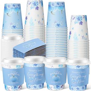 Meanplan 48 Pack 8 oz Little Pumpkin Baby Shower Coffee Cup with Lids and Sleeves A Sweet Little Pumpkin is On The Way Paper Disposable Cup For Thanksgiving Baby Shower Gender Reveal Party(Blue)