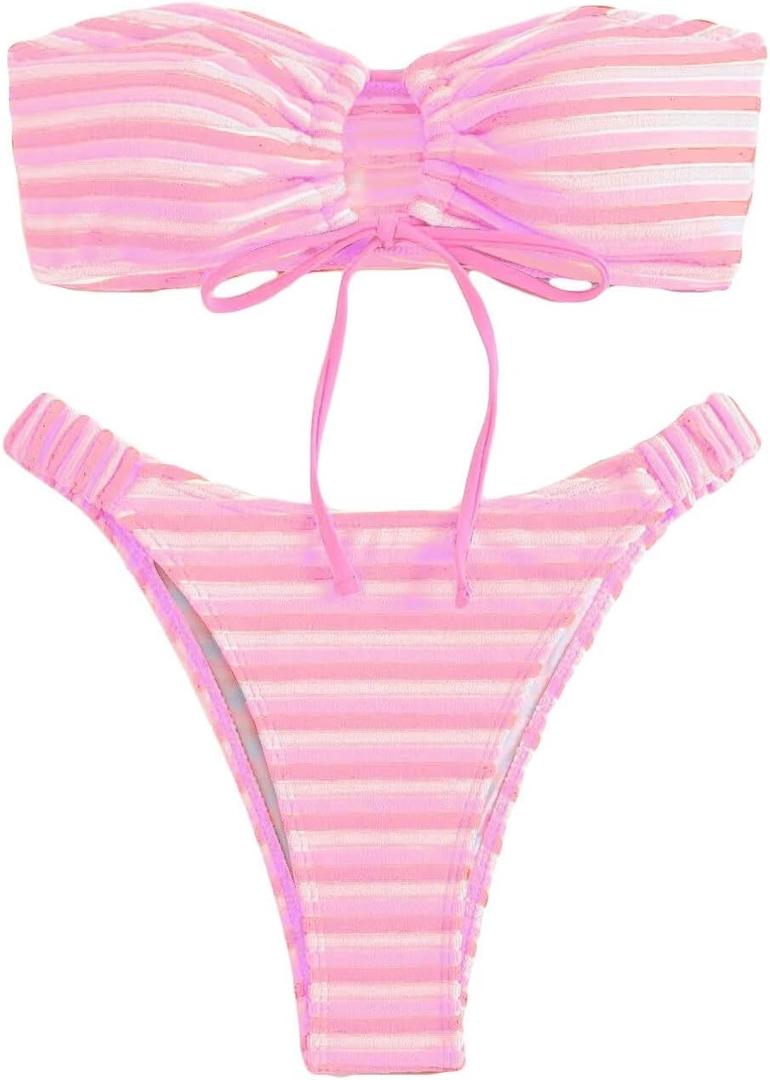 Women's Striped Printed Bandeau Bathing Suit High Waisted Swimsuit Bikini Set (Medium, Light Pink)