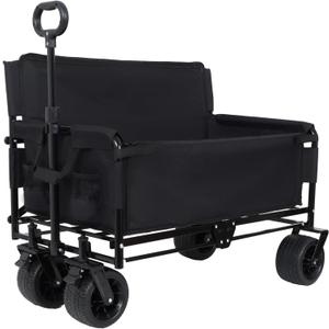 3-in-1 Heavy-Duty Convertible Folding Wagon Cart with Bench Seat & Storage  500lb Capacity, 180L All-Terrain Wagon for Camping, Beach, Sports, & Garden  360 Swivel Wheels (Black)