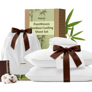 Bedsure Bamboo Viscose Cooling Sheets, Rayon Cotton Serene Blend, PureWoven, Breathable & Buttery Soft Queen Size Bed Set, Deep Pocket Up to 18", Hotel Luxury Bedding for Hot Sleepers, White