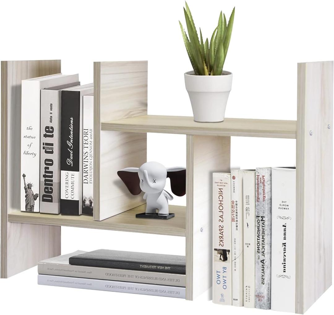 TY ARTS & CULTURE - Expandable Wood Desktop Storage Organizer Multipurpose Desk Bookshelf Display Shelf Rack Counter Top Bookcase for Office Home | Natural Beige