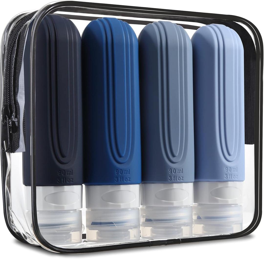 Travel Bottles for Toiletries, Tsa Approved 3oz Travel Size Containers BPA Free Leak Proof Refillable Liquid Silicone Squeezable Travel Accessories for Shampoo Conditioner Lotion (4 Pack) (Blue)