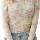 Ugerlov Womens Lace Long Sleeve Mesh Top Floral Mock Neck See Through Going Out Top with Thumb Hole Party Outfits Shirts (S)