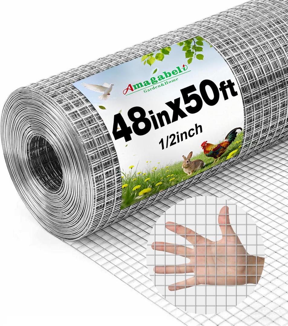 Amagabeli Hardware Cloth 1/2 inch 48inx50ft True19 Gauge Chicken Wire Double Galvanized Welded Wire Fencing Mesh Roll Garden Plant Support Poultry Netting Rabbit Cage Snake Gopher Fence