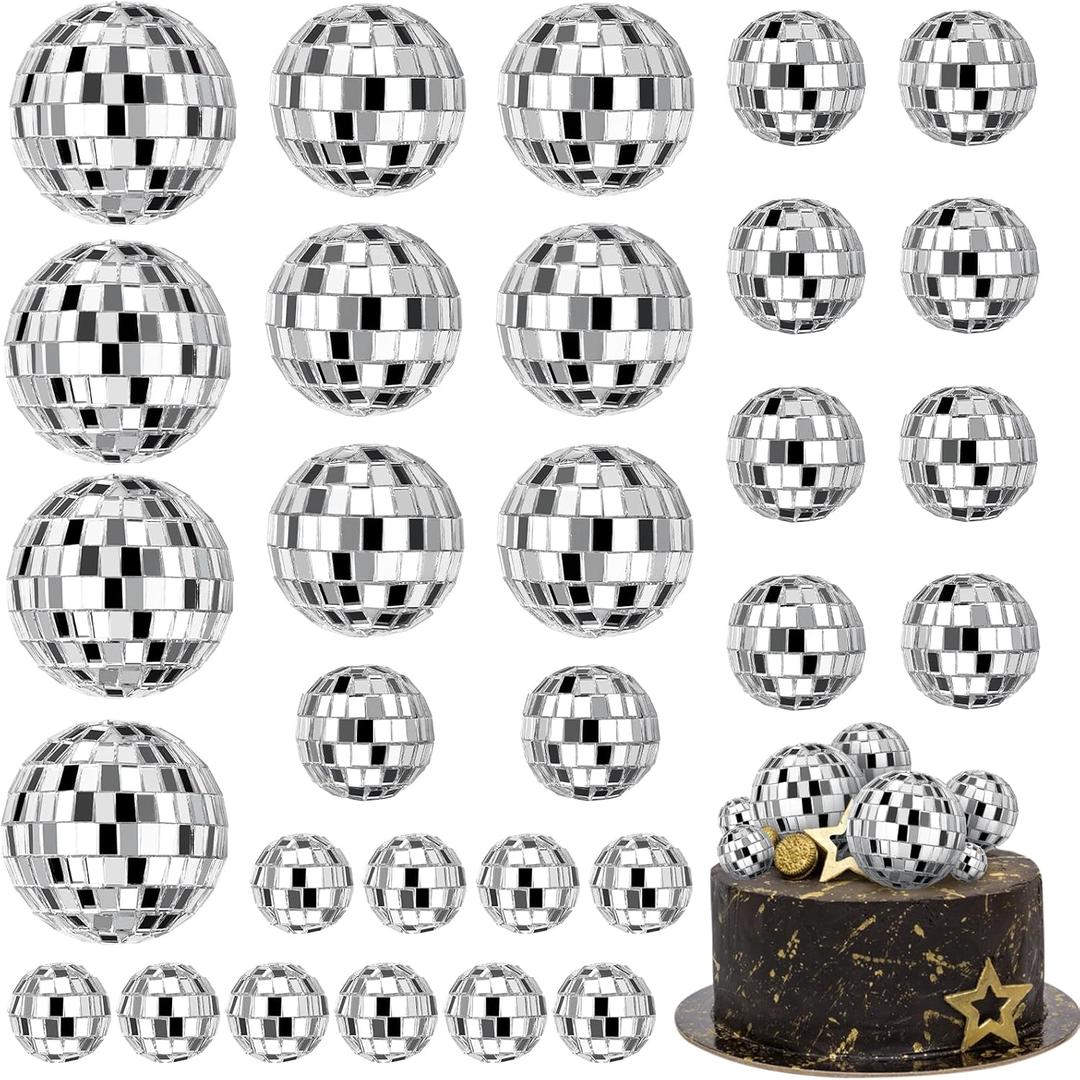 JOERSH 30 PCS Disco Ball Cake Decoration, Small Silver Reflective Mirror Ball Cake Topper, 70s Disco Themed Table Decor for Disco Theme Party 70s Disco Party Favor, 4 Sizes