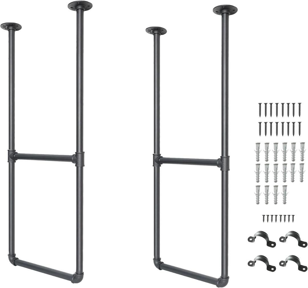 DIYHD 2 Tier Ceiling Mount Black Shelf Bracket,U Shape Pumbing Pipe Kitchen Storage Brackets (No Planks), 37" Bracket-2 Pairs