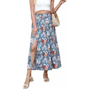 Liyinxi Women's Boho Floral Print Midi Skirt High Waisted with Side Slit Casual A Line Elastic Waistband Long Skirts (US, Alpha, Small, Regular, Regular, Blue Flower)