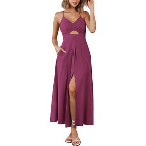 BTFBM Women 2025 Summer Spaghetti Strap Midi Dress Sleeveless V Neck Cutout Slit Casual Beach Party Maxi Dresses Pockets (Medium, Purple)