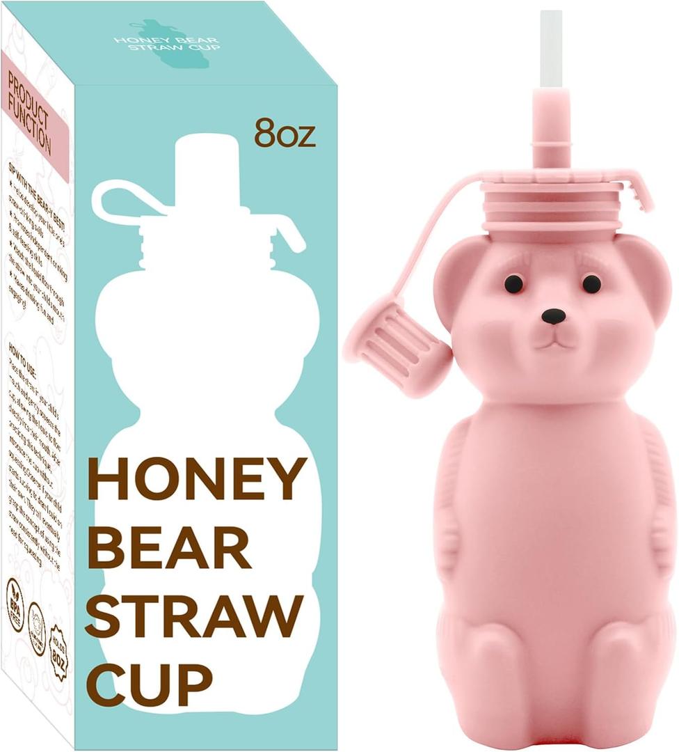 Mootikar Honey Bear Silicone Straw Cup, Babies Water Drinking Cup, 8-Ounce Therapy Sippy Bottles for Speech and Feeding Training, BPA Free & Dishwasher Safe (PINK)