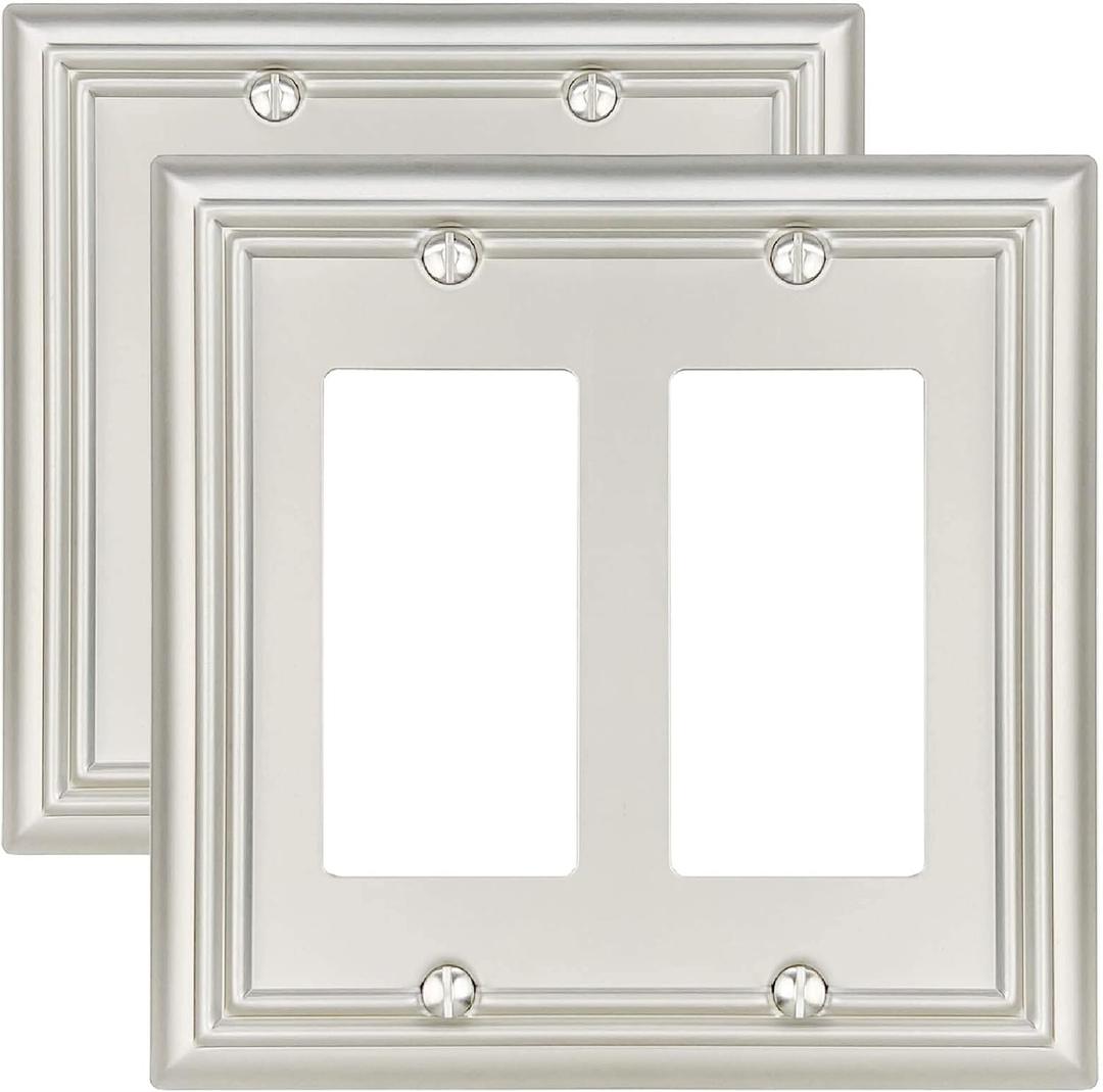 2-Pack Double Decorator Outlet Covers, Satin Nickel Wall Plates for Dimmer Switch, GFCI Outlet and Receptacal, Durable Metal, Midsize