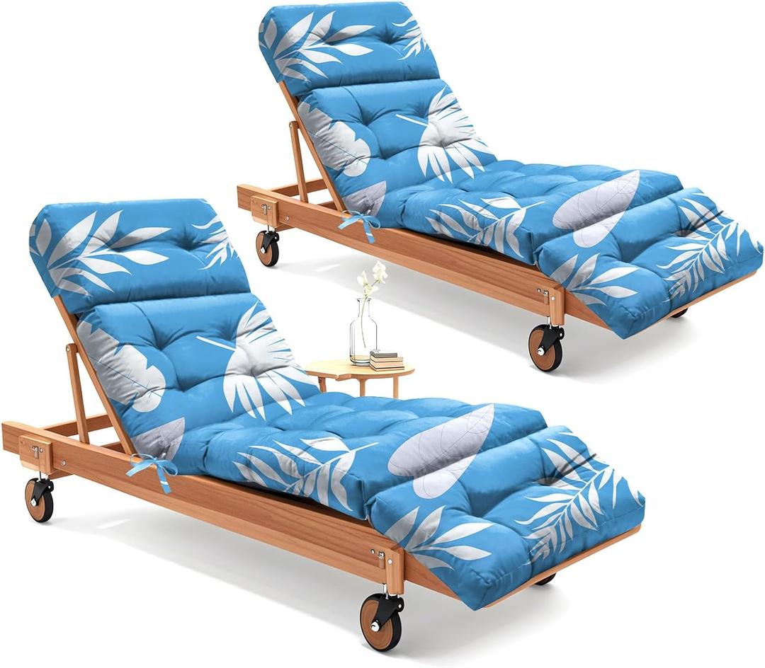 2 Pack Outdoor Chaise Lounge Chair Cushion 75.1 x 22.8 x 4.7 Inches 100% Waterproof Replacement Cotton Patio Pool Lounge Chair Cushion for Outdoor Furniture with Ties, Blue Leaf