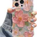 Jusy Case for iPhone 16 Pro Max, Colorful Retro Oil Painting Printed Flower Laser Blue Glossy Pattern Cute Curly Wave Phone Case Soft TPU Cover for Girly Women -Green (Green Without Bracelet)