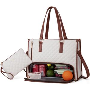 LOVEVOOK Lunch Tote Bag for Women, 15.6 Inch Laptop Bag with Insulated Lunch Compartment, Quilted Large Capacity Computer Handbag with Purse for Business, Work, Collage, Office, Casual, Beige-brown