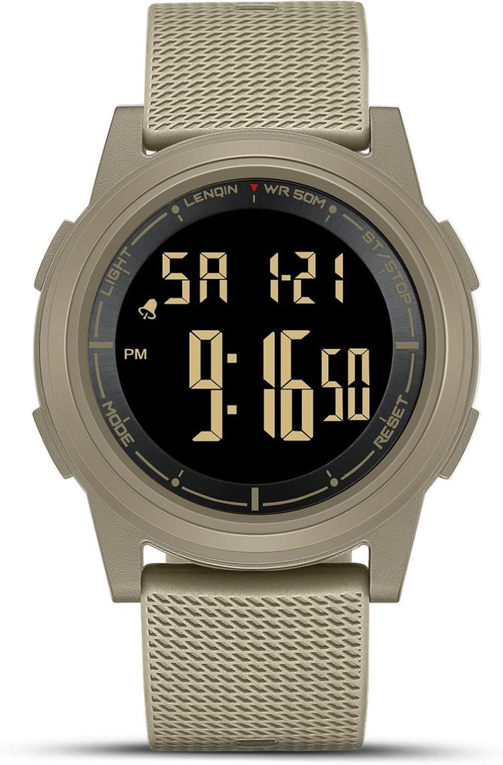 LN LENQIN Mens Watches Digital Watch for Men Stopwatch Ultra-Thin Minimalist Military Sports Waterproof Mens Wrist Watches with LED Backlight/Alarm/Timer/Date (Black Gold Khaki)