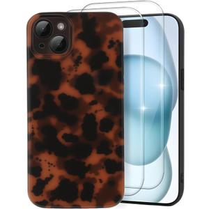 Cute Phone Case for iPhone 15 Case, [with 2X Screen Protector] Tortoise Shell Pattern Leopard Full Camera Protective Slim Shockproof Cool Trendy Aesthetic - Brown Leopard