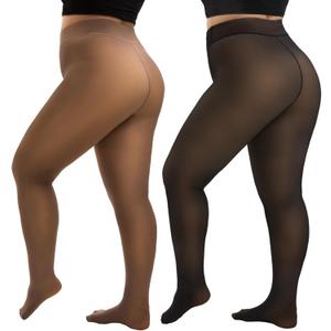 HONGTEYA 2 Pairs Plus Size Fleece Lined Tights Women, Fake Translucent Thermal Tights Pantyhose Sheer Leggings (3X-Large-4X-Large)