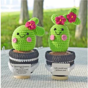 2pcs Positive Cactus Crochet, 6.3 Inch Potato Gifts with Encouraging Card, Emotional Support Pickle Crochet Gifts for Coworker, Friends, Teacher, Office, Desktop Decor