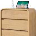 Modern Nightstand, 25" Tall Wood Bedside Table with Charging Station, 3 Drawers Dresser Side Table, Large End Table Night Stand for Bedroom, Office, Sofa, Curved Profile Design, Natural